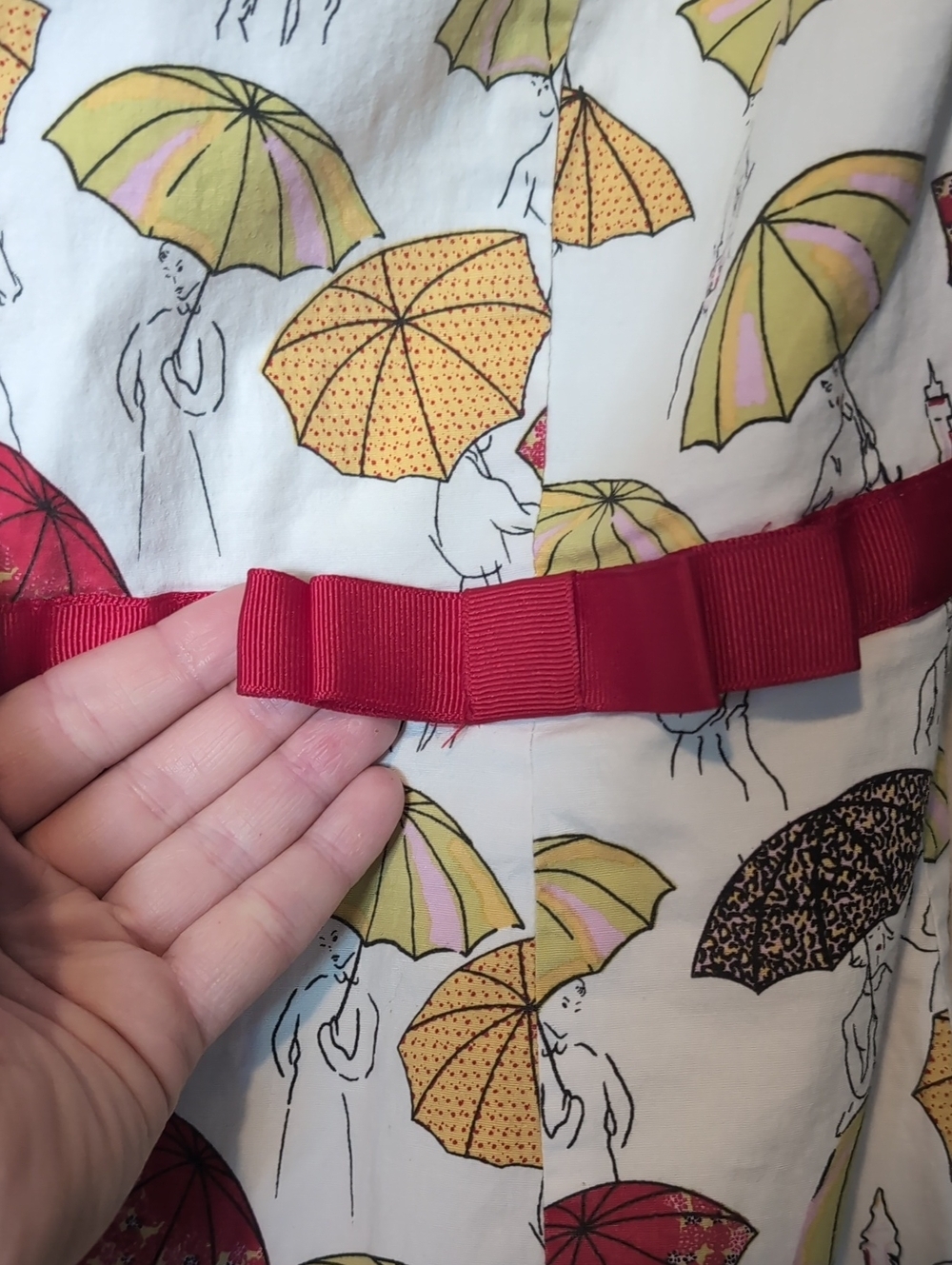 White Strapless Umbrella-Print Dress with Red Waistband - Picture 5 of 7